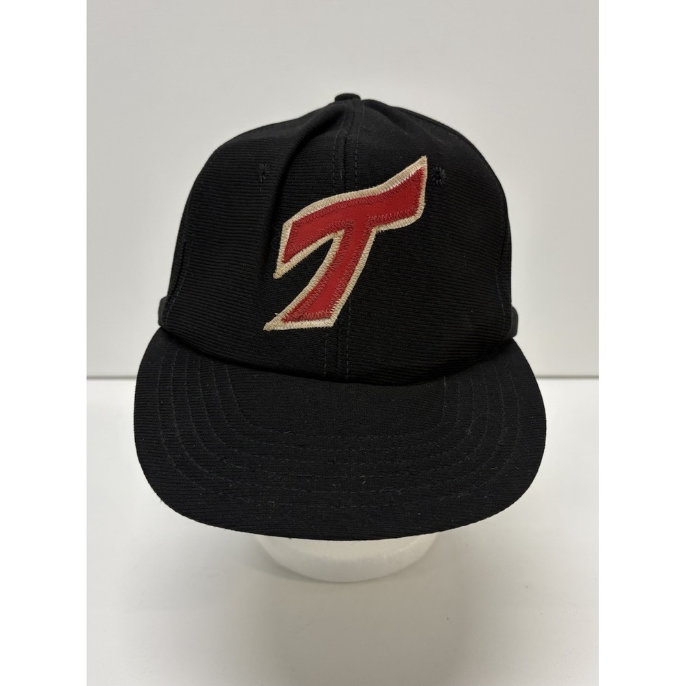 Vintage DeLONG Snapback Hat Baseball Cap Red T Logo Black Made in USA Mens Large